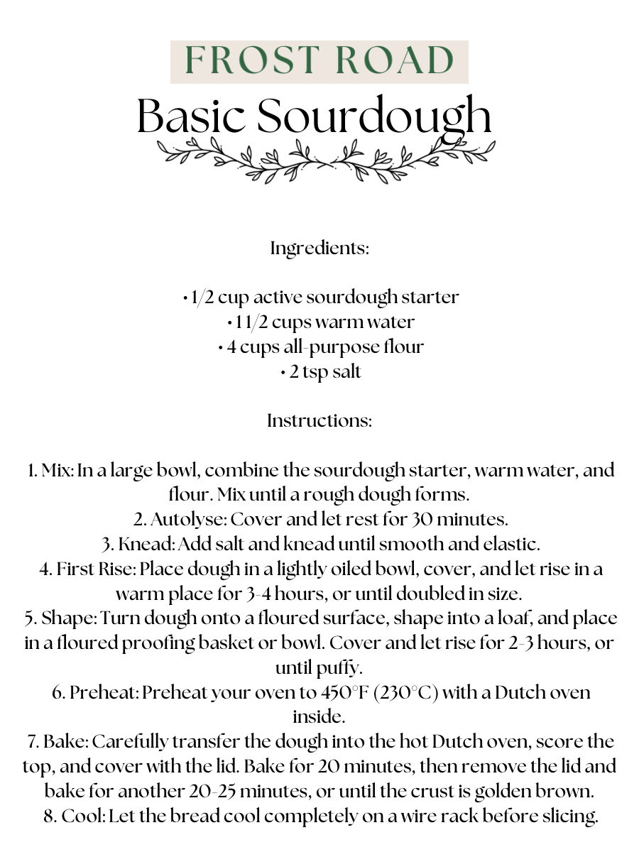 Frost Road sourdough starter kit, bread baking kit, homemade sourdough recipe, organic sourdough starter, baking from scratch.