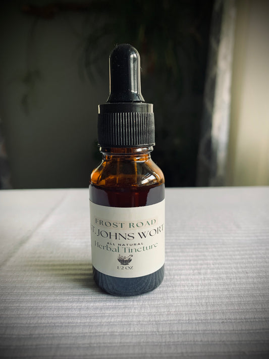 Frost Road St. John’s Wort tincture, natural anxiety relief, mood-boosting tincture, herbal stress remedy, plant-based emotional support.